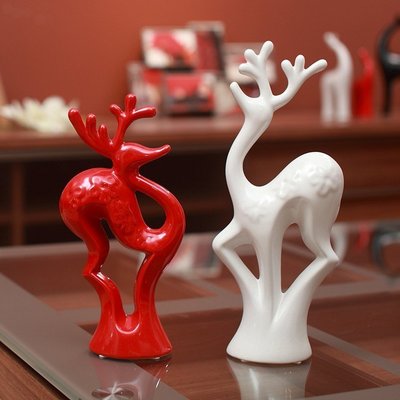 INPHIC-家飾 時尚家居裝飾品擺件陶瓷工藝品 紅白情侶梅花鹿