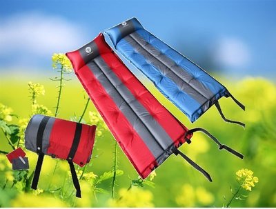 【熱賣精選】紅+灰 加大型帶枕式自動充氣帳篷睡墊地墊。4 5cm 可併接加寬加大