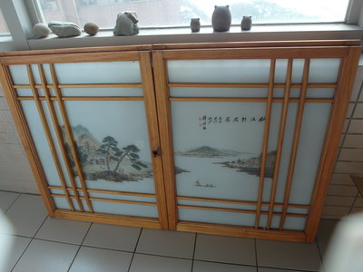 本土國畫名家韓錦田早期手繪玻璃樟木窗乙對