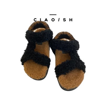 CIAO/SH 名牌精品店 FENDI 棕/黑色可愛泰迪熊毛毛涼鞋(全新羊毛)