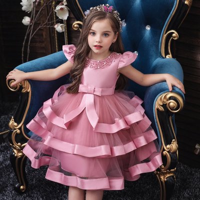 兒童洋裝歐美系列新款兒童禮服裙手工穿珠短袖女童公主蓬蓬連衣裙洋裝連身裙婚紗童裙公主風氣質童服