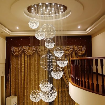 別墅客廳圓球水晶大吊燈大型酒店大廳工程燈圓形復式樓梯吊線燈具