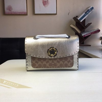 雅格精品代購 COACH 39679 金色荔枝紋牛皮鏈條側肩包 翻蓋斜背包 氣質手提肩背女包 美國代購