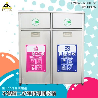 環保分類《鐵金鋼》87L*2不銹鋼二分類資源回收桶(附輪) TH2-86SW 不鏽鋼垃圾桶 推板垃圾桶 回收箱 清潔箱