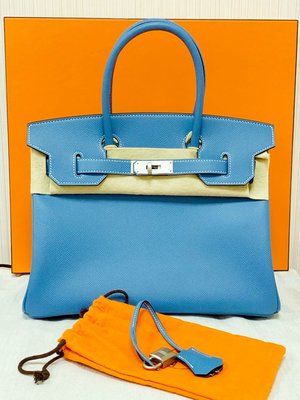 重序名錶 全新品 HERMES BIRKIN 愛馬仕 柏金包 30cm TOGO皮 藍色Blue jean 霧銀扣 T刻