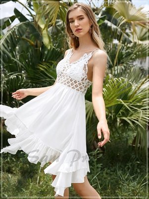 洋裝 白色十字交叉不對稱下擺吊帶裙性感 歐美流行時尚女裝小禮服連身裙連衣裙有中大尺碼H3214