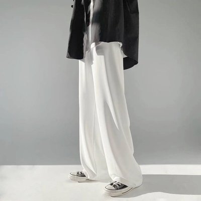 【M-4XL】白色寬褲男士夏季薄款冰絲休閒褲 韓版寬鬆直筒素色垂墜感拖地褲