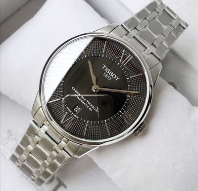 TISSOT Chemin des Tourelles Powermatic80 黑色面錶盤 銀色不鏽鋼錶帶 男士 自動機械錶 T0994071105800