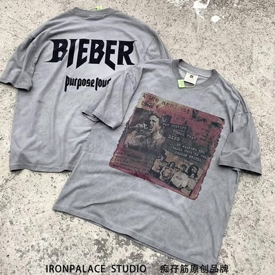 【現貨】vtg比伯Purpose Tour聯名洛杉磯之戰高街做舊水泥灰復古短袖T恤潮 可開發票