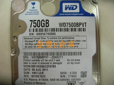 【登豐e倉庫】 YF8 WD7500BPVT-22HXZT1 750G SATA2 硬碟