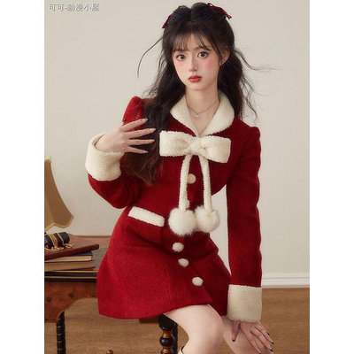 【聖誕節服裝】紅色外套 大尺碼 聖誕外套 洋裝外套 蝴蝶結 外套女 小香風外套 毛呢大衣女 過年衣服 冬季外套 紅色大衣