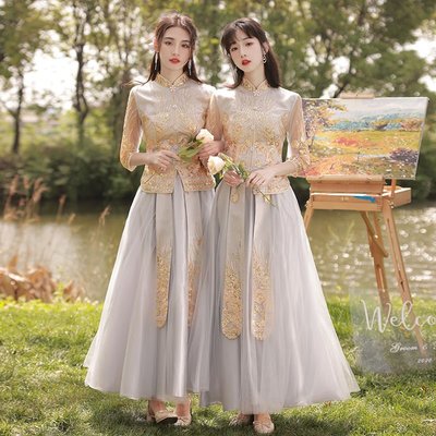 伴娘服2022新款中式中國風長款婚禮姐妹團禮服裙顯瘦高端演出服女~特價