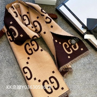 KK全新正品 GUCCI 古馳 Logo 棕色和米色GG提花羊毛真絲 圍巾 495592