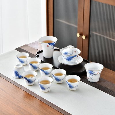 茶具高档青花手绘冰种陶瓷茶具套装轻奢盖碗整套家用办公室客户送礼品