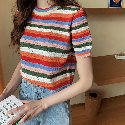 Maisobo 韓 春夏 復古彩色條紋短款針織衫 Q-426 預購