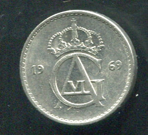 【錢幣】SWEDEN(瑞典),10 ORE,K835,1969 #206906 ,品相9新AU