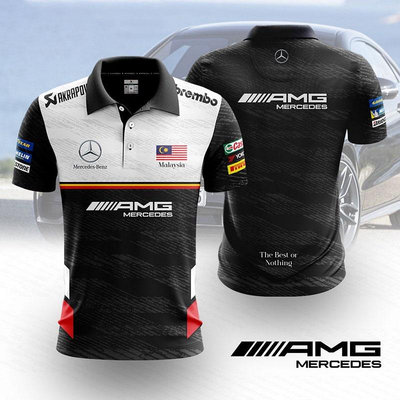 新款F1賓士車隊F1賽事賽車翻領polo衫車迷愛好者賽車服工裝男速乾透氣寬鬆短袖t恤