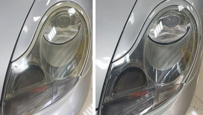 大燈快潔現場施工 Porsche 保時捷 Boxster 986 原廠大燈泛黃霧化拋光翻新處理