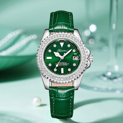 促銷打折 手錶女新款女錶綠水鬼小眾鑲鉆皮帶夜光日歷時尚輕奢防水女士腕錶奶茶芒果