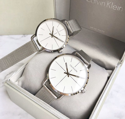 Calvin Klein Even 白色面錶盤 銀色不鏽鋼網眼編織錶帶 石英 男女對錶 K7B21126/K7B23126 （CK情侶錶）