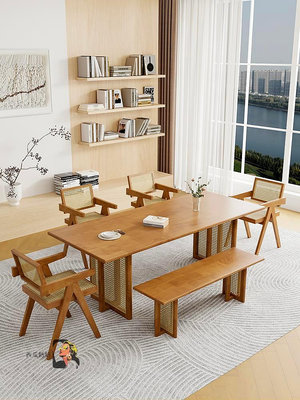 北歐實木日式餐桌家用小戶型長方形藤編餐桌椅組合侘寂風民宿飯桌-西瓜鈣奶