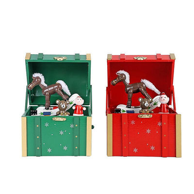 聖誕復古木箱音樂盒 聖誕節創意木製搖馬發條八音盒玩具