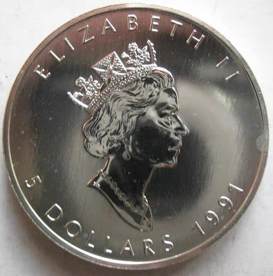 加拿大1991年5元普制紀念1盎司純銀投資銀幣 楓葉系列第四