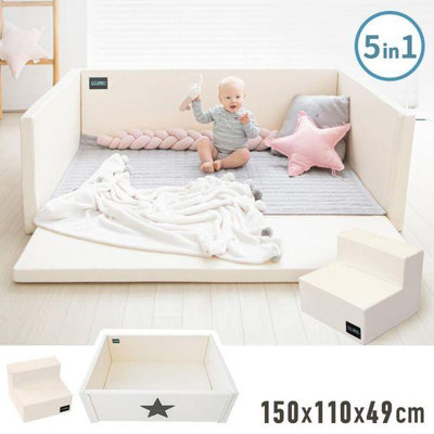 GGUMBI 多功能變形圍欄式地墊嬰兒床(恆溫隔音)-(米星星)圍欄嬰兒床＋家庭沙發＋嬰兒沙發 防撞遊戲墊＋嬰兒室