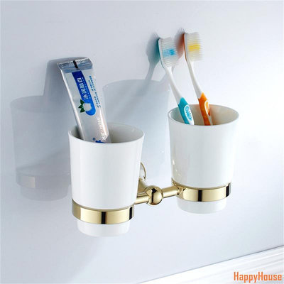 快樂屋HappyHouse浴室牙刷架金色拋光雙杯牙刷架不銹鋼壁掛式牙刷架帶雙層陶瓷杯
