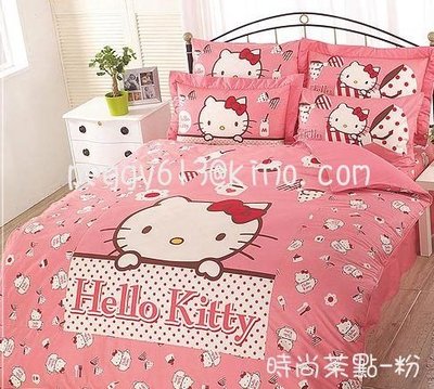 Hello Kitty─時尚茶點系列．雙人加大床包薄被套組【床包+枕套*2+薄被套】 100%棉 台灣製