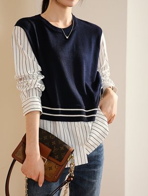 VENESSA~ SL 新款 精緻休閒 簡約廓型 撞色羊毛針織拼接純棉條紋 假兩件式襯衫上衣 兩色 (L1023)