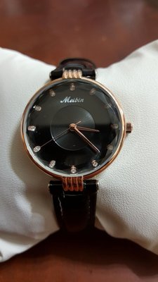 【成吉思汗精品】日本meibin女錶新手錶女士防水時尚石英錶名錶黑色圓型皮帶