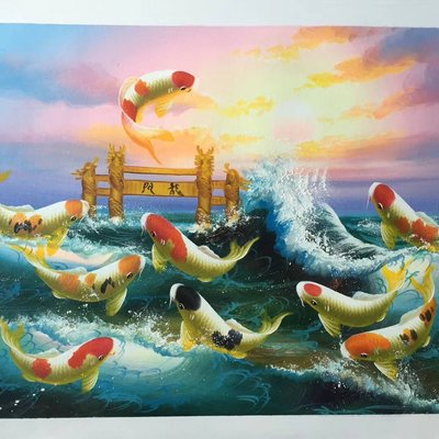 純手繪油畫中國風水九條鯉魚跳龍門客廳沙發背景墻新中式裝飾掛畫