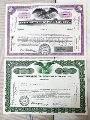 美國老鷹圖案股票2張 都是雕刻版印制 錢幣 紙幣 紙鈔【悠然居】1093