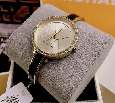 MICHAEL KORS Jaryn 水鑽圈 金色錶盤 黑色不鏽鋼手環式錶帶 石英 女士手錶 MK4544
