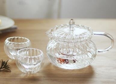 4583A 歐式玻璃茶壺茶杯組 透明浮雕玻璃壺帶濾網 一壺二杯套裝下午茶組花茶杯壺組