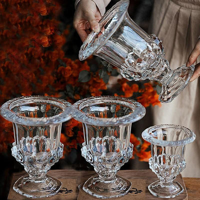 玻璃花瓶 復古羅馬浮雕高腳花瓶透明玻璃裝飾插花餐桌客廳擺件ins76 NM053