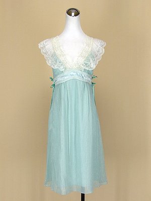 貞新 NICE CLAUP 日本專櫃 粉藍蕾絲V領無袖緞面雪紡紗洋裝S號(34736)
