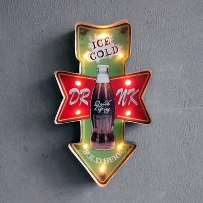 LOFT工業風創意LED燈牌招牌 DRINK復古圖案裝飾燈牌壁掛飾電子燈 鐵製ICE COLD飲料瓶造型餐酒館鐵皮畫燈飾