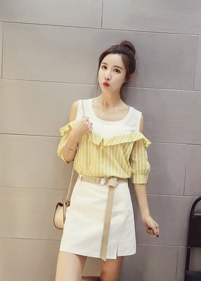 FINDSENSE G5 韓國時尚 心機 條紋 假兩件 襯衣 露肩 短袖 襯衫 女上衣