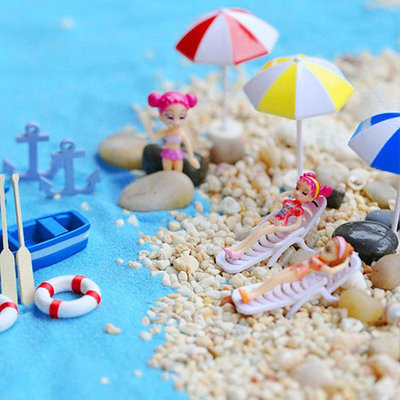 船擺件微景觀沙灘海景兒童小擺件太陽傘小船沙灘椅救生圈樹脂造景裝飾品