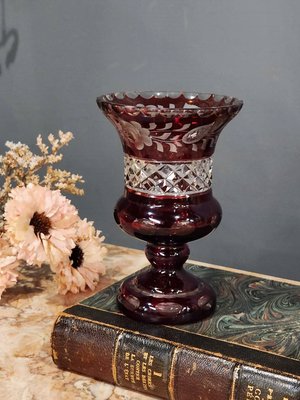 義大利 莓紅 手工 立體 多層次 深雕刻 厚實 水晶玻璃 花瓶  g0709【卡卡頌  歐洲古董】✬