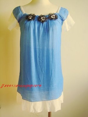 白藍色短袖雪紡紗荷葉袖胸前花朵造型洋裝連身裙長版上衣