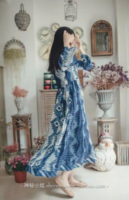 全新ANOKHI 印度製 純棉手工蓋印經典 日式風格抽繩洋裝 藍染 植物印染 長纖棉