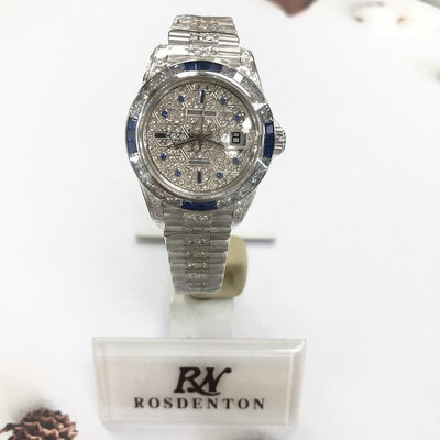 「官方授權」ROSDENTON 勞斯丹頓 女 珍愛風潮 滿天星晶鑽機械腕錶-銀藍(97627LJC-B4)