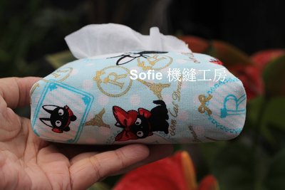 Sofie 機縫工房【水玉點點R黑貓-水藍】袖珍面紙套 立體款 舒潔袖珍包面紙袋 小面紙包 隨身面紙套 防疫 手作 手工