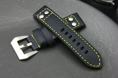 Hamilton 的新衣banda軍錶飛行風格鉚釘24mm 直身黑色真皮錶帶 fit seiko omega IWC黃線