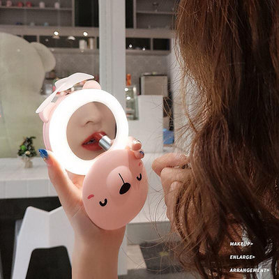 【現貨】小豬化妝鏡帶led燈風扇美妝鏡USB多功能可充電迷你便攜卡通小風扇