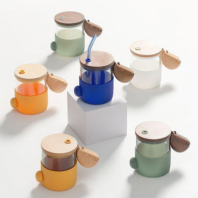 茶藝師 簡約玻璃馬克杯 可愛河馬吸管杯 大容量水杯帶蓋創意木把茶杯個人