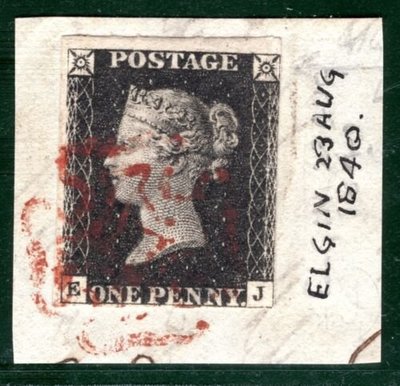 E004-英國古典郵票-斷片貼1840年黑便士-EJ字軌-二寬邊二近邊,舊票,銷紅色馬爾他十字戳